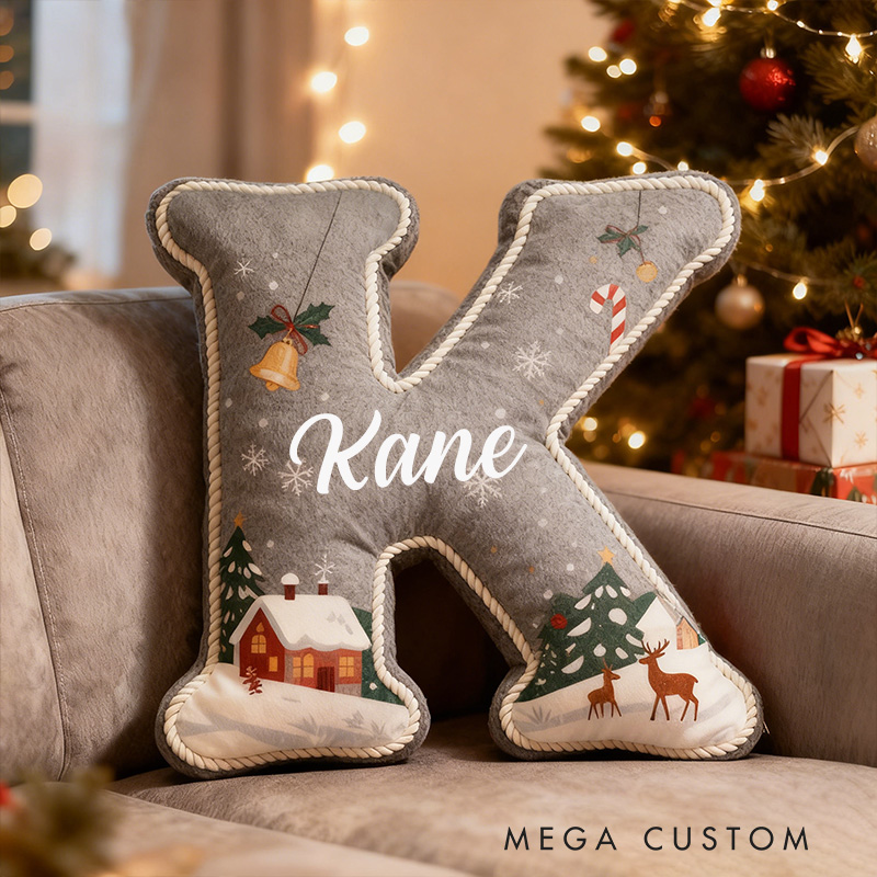 Personalized Christmas Letter Pillow Graphic 3D Print Custom Name Cozy Holiday Decor with Festive Winter Scene Candy Cane and Deer Design