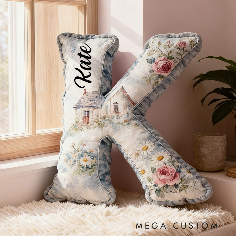 Personalized Letter Pillow Graphic 3D Print Custom Name Cozy Home Decor with Cottage and Floral Design Perfect Gift Idea for Any Room