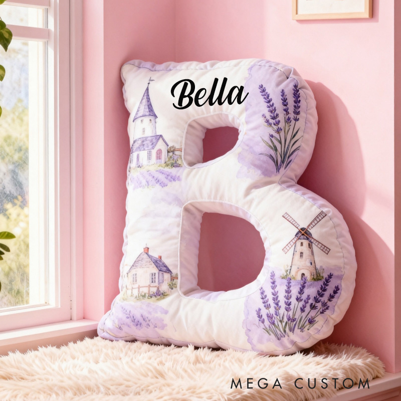 Personalized 26 Letter Pillow Graphic 3D Print Custom Name Cozy Home Decor with Lavender and Windmill Design Perfect Gift Idea for Any Room