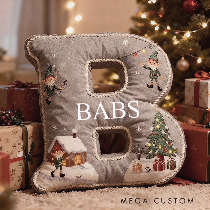 Personalized Gray Christmas Pillow Graphic 3D Print Custom Name Cozy Holiday Decor with Festive Elf and Christmas Tree Design Cushion Perfect Gift