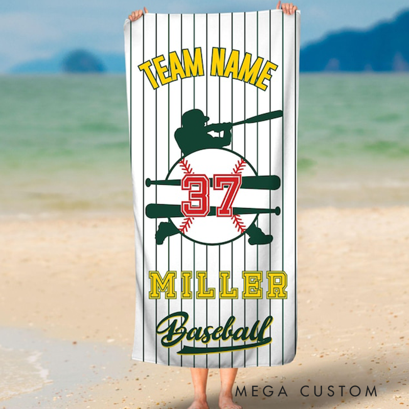 Personalized Baseball Beach Towel with Custom Team Name Player Name Number and Stylish Design