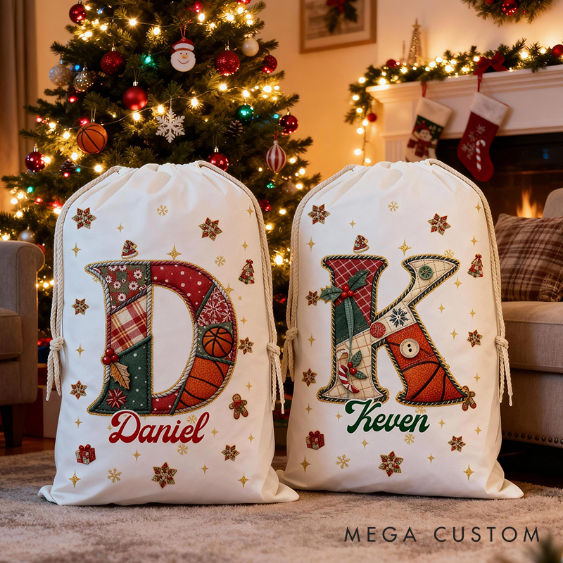 Personalized Christmas Santa Sack Featuring Basketball and Name Initial for Kids