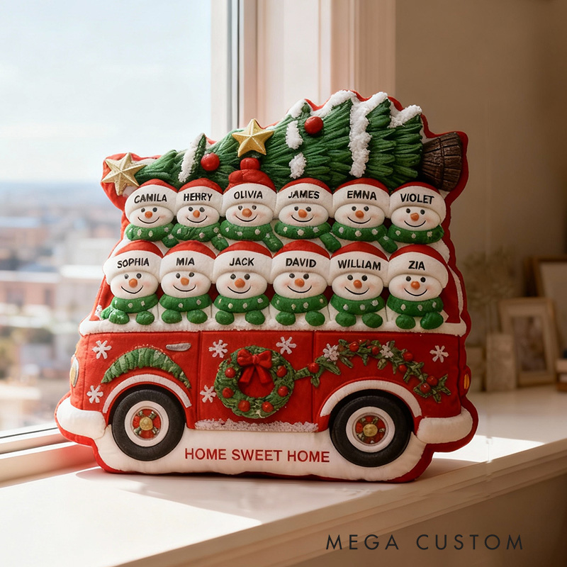 Personalized Christmas Pillow Graphic 3D Print Custom Family Names Cozy Holiday Decor with Snowman and Festive Bus Design Perfect Seasonal Gift Idea