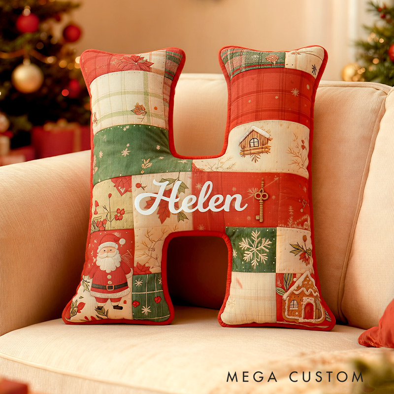 Personalized Initial Pillow Graphic 3D Print Christmas Patchwork Letters Custom Name Pillow Festive Holiday Decor Housewarming Gift for Family and Kids