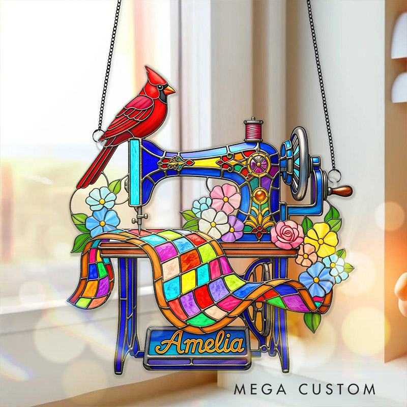 Personalized Cardinal Christmas Suncatcher Ornament Sewing Machine Gifts for Heaven Memorial Gift