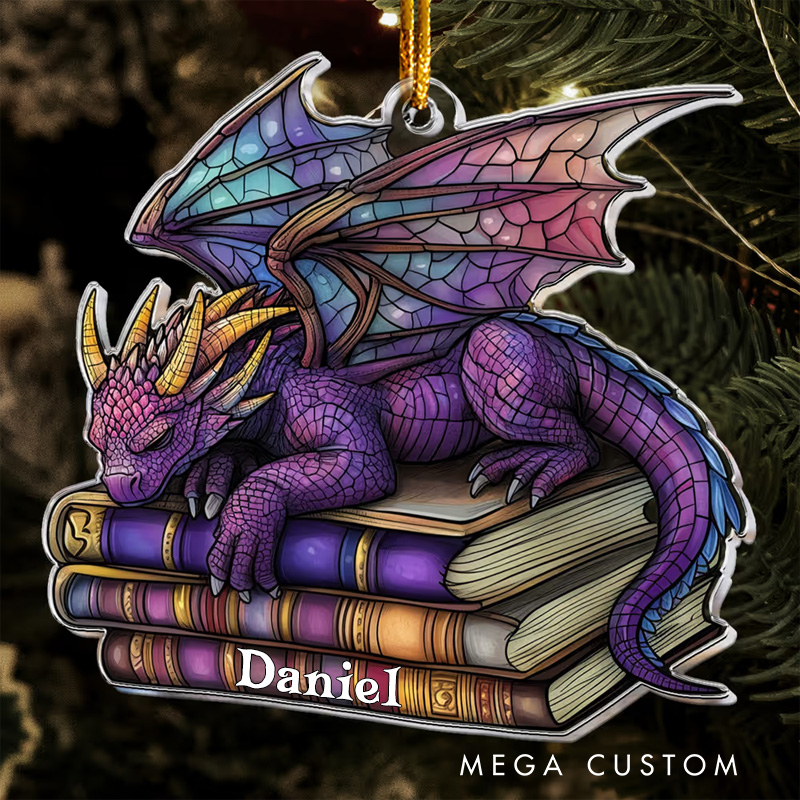 Personalized Dragon Books Acrylic Ornament with Name Christmas Gift for Book Club Librarian Book Lovers Reader