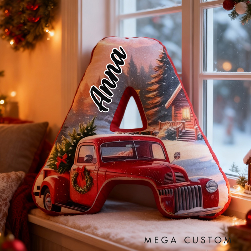 Personalized Letter Pillow Graphic 3D Print Custom Name Cozy Holiday Decor with Vintage Truck and Snowy Scene Design Soft Perfect Seasonal Gift Idea