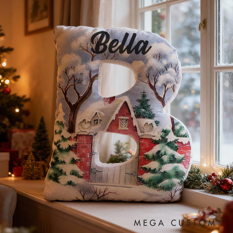 Personalized 26 Letter Pillow Graphic 3D Print Custom Name Cozy Holiday Decor with Winter Wonderland and Cabin Design Christmas Gifts