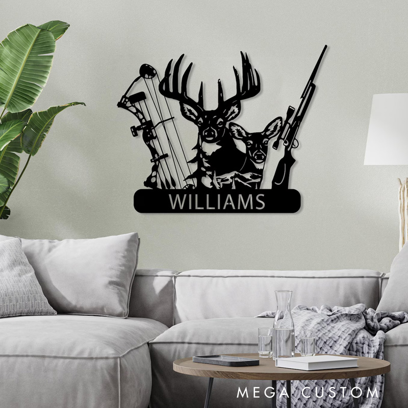 Personalized Custom Deer Hunter Metal Sign Bow and Hunting Rifle Sign Deer Hunting Wall Hanging Cabin Sign Husband Hunter Gift Fathers Day Gift