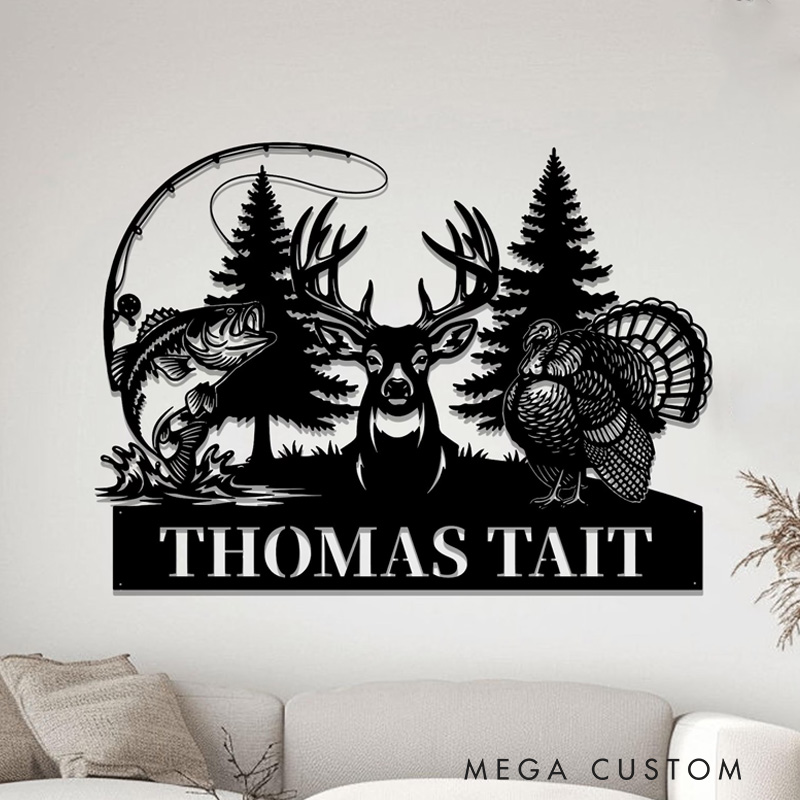 Personalized Hunting Name Metal Sign Custom Deer Turkey & Bass Fishing Wall Art Outdoor Hunting Decor Hunter Gift