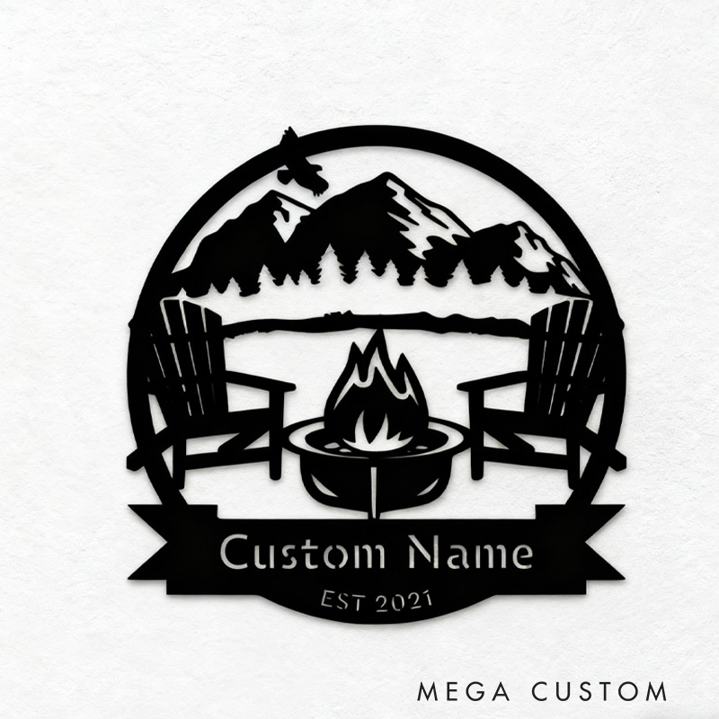 Personalized Campsite Mountain Scene Monogram Custom Metal Name Sign Outdoor Decor Camping Established Sign Metal Wall Art