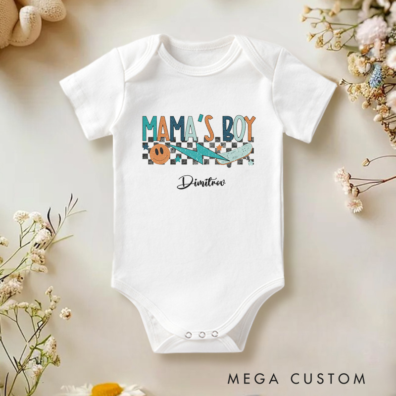 Personalized Mama’s Boy Retro Checkered Design Celebrating the Bond with Mom Baby Onesie