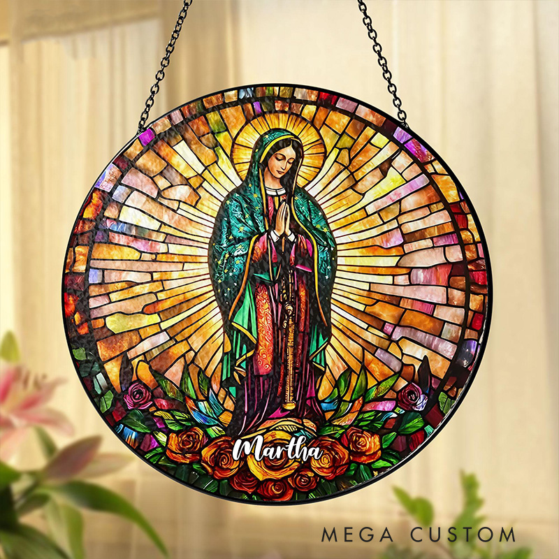 Personalized Our Lady of Guadalupe Stained Glass Suncatcher Ornament with Name Window Hanging Decor Virgin Mary Faux Stained Glass Art Catholic Gift