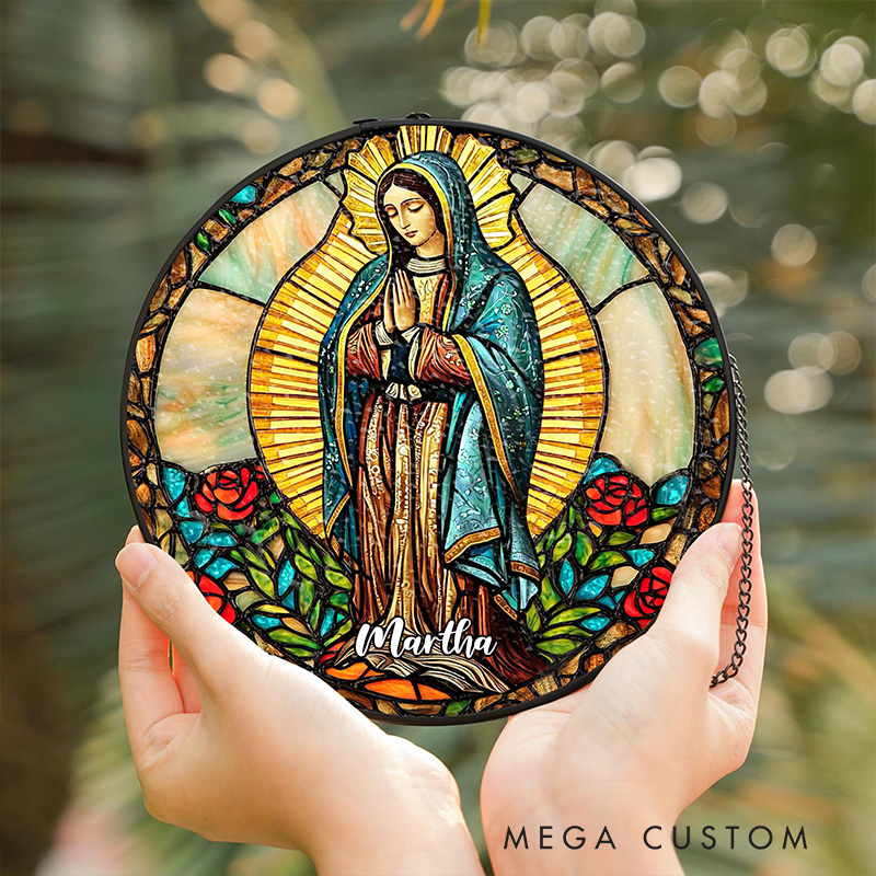 Personalized Our Lady of Guadalupe Stained Glass Suncatcher Ornament with Name Window Hanging Decor Virgin Mary Art Religious Gift Catholic Gift