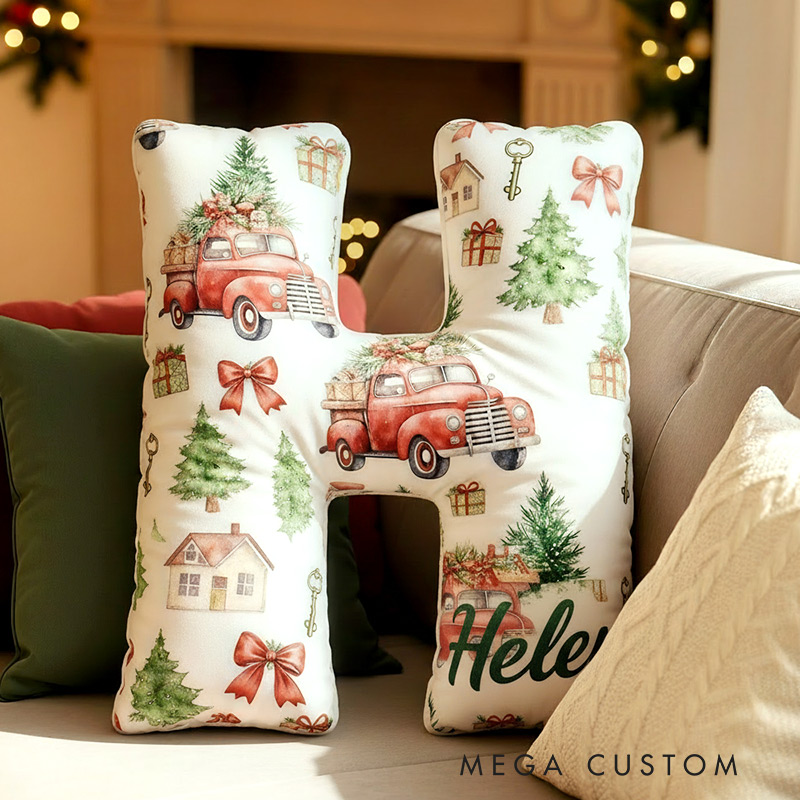 Personalized Christmas Initial Pillow Graphic 3D Print Christmas Truck Custom Name Pillow Festive Holiday Pillow Housewarming Gift Family Gift 