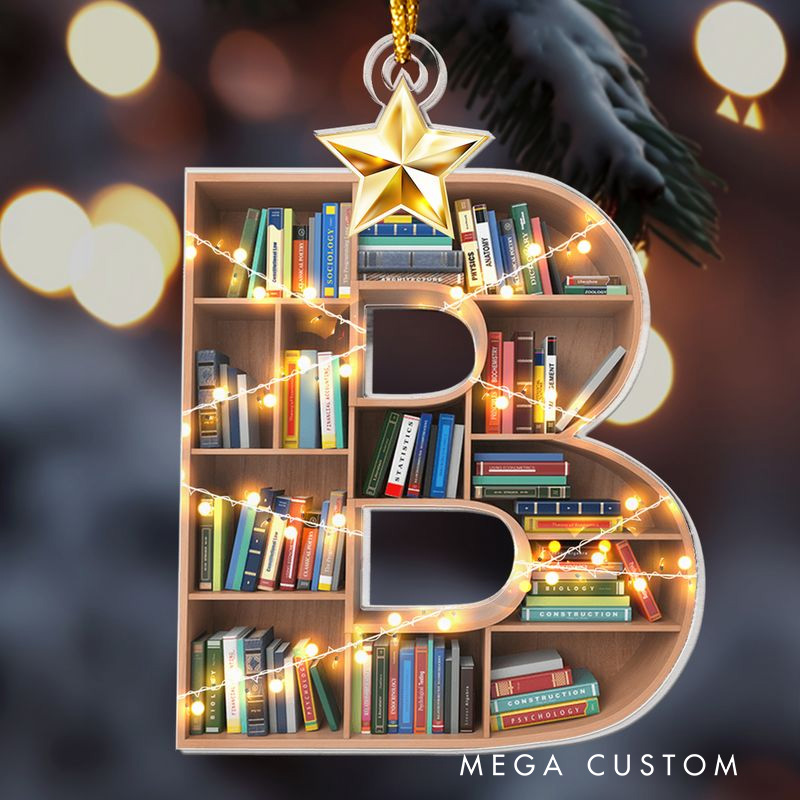 Personalized Bookshelf Acrylic Ornament with Name Bookish Letter Christmas Ornament Gift for Book Club Librarian Book Lovers