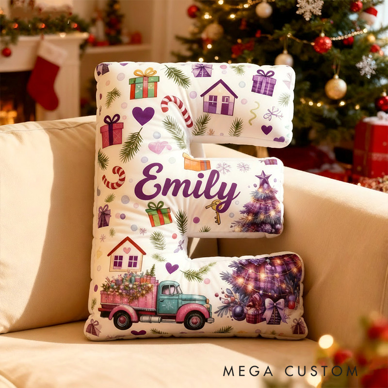 Personalized Christmas Initial Pillow Graphic 3D Print Christmas Custom Name Pillow Festive Holiday Pillow Housewarming Gift Family Gift 