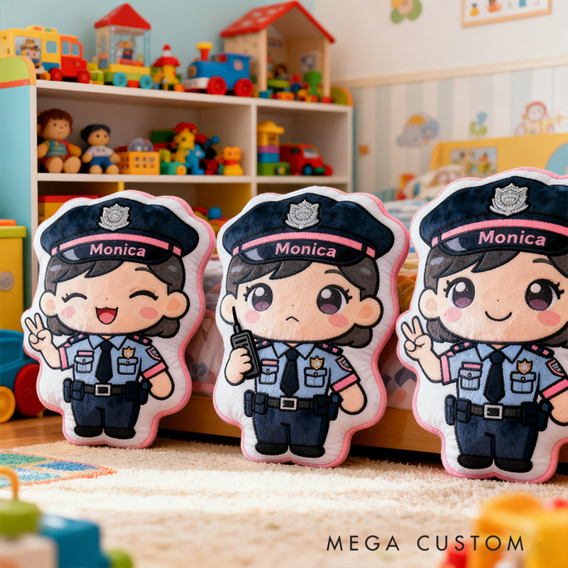 Personalized Female Police Officer Shaped Pillow Custom Name Cushion Choose Character Style Gifts