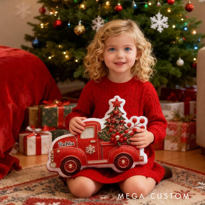 Personalized Christmas Truck Pillow Graphic 3D Print Featuring Festive Tree and Berries Customizable Name Soft Cushion for Holiday Decor Perfect Gift