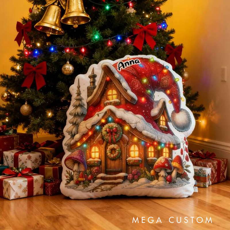 Personalized Holiday Cottage Pillow Graphic 3D Print Featuring Cozy Cabin and Festive Lights Customizable Name Soft Cushion for Christmas Decor Gift