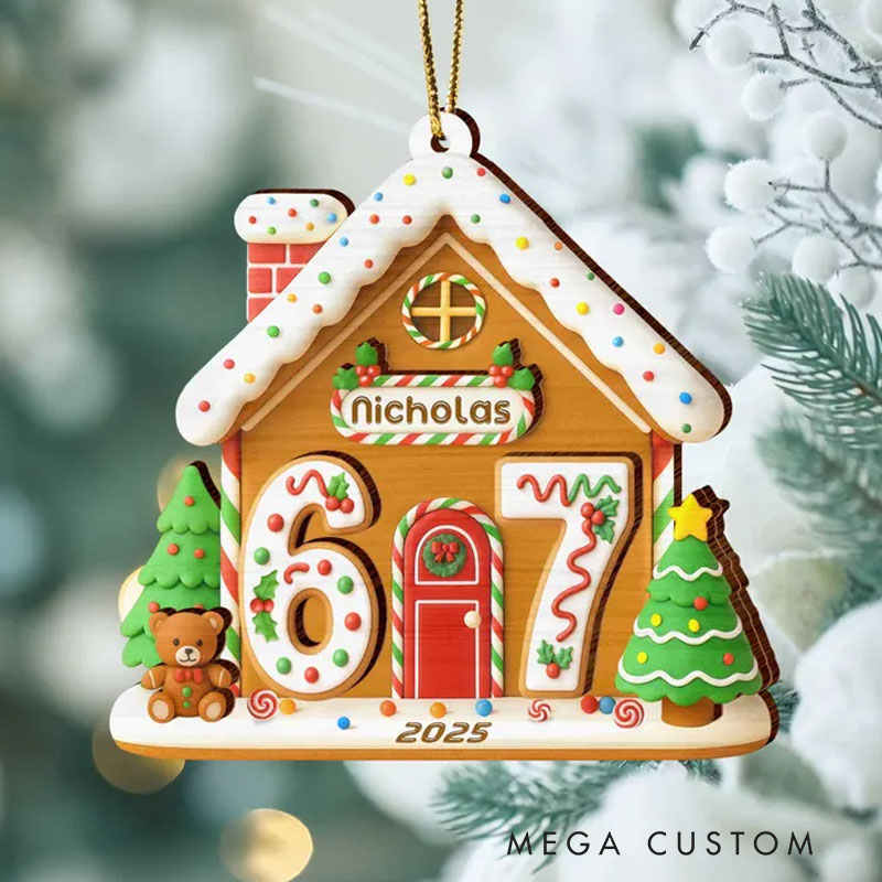 Personalized Six Seven Gingerbread House Wood Ornament Custom 67 Gen Z Slang Ornament Xmas Gift for Kids Christmas 67 Ornament Funny Kids Gift