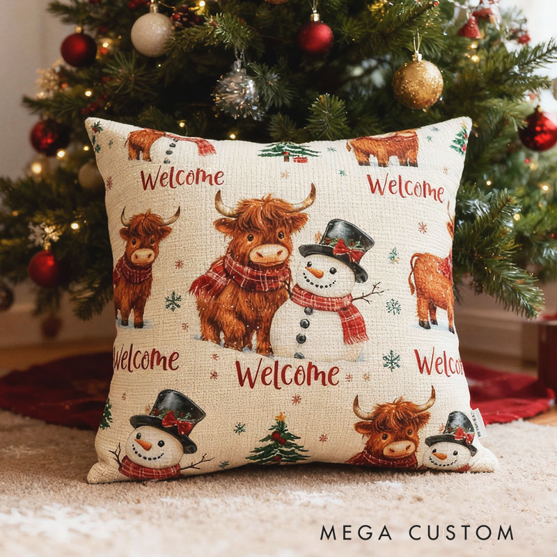 Personalized Holiday Pillow with Highland Cow and Snowman Design Cozy Christmas Decor Featuring Festive Cushion for Home Seasonal Accent Gift