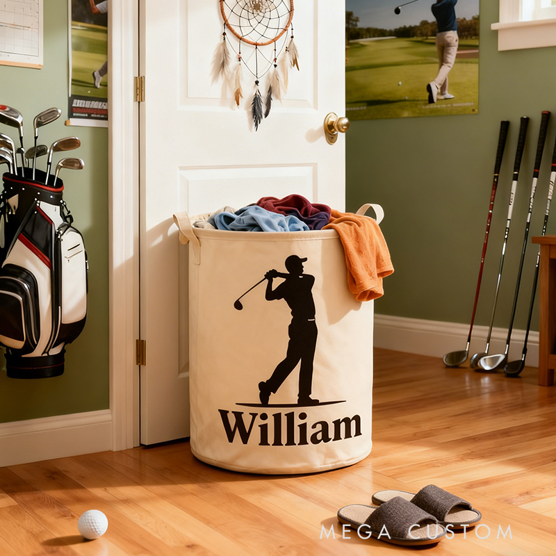 Personalized Golf Storage Basket with Custom Name  and Golfer Silhouette for Enthusiasts