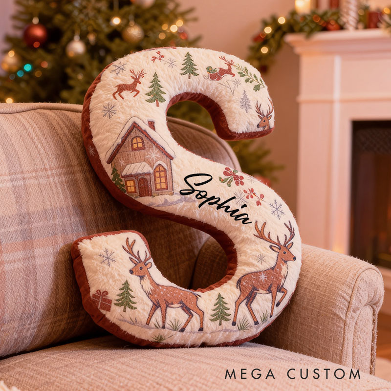 Personalized Christmas Letter Pillow with Winter Scene Design Custom Name Cushion Featuring Reindeer and Cabin for Holiday Home Decor Graphic 3D Print