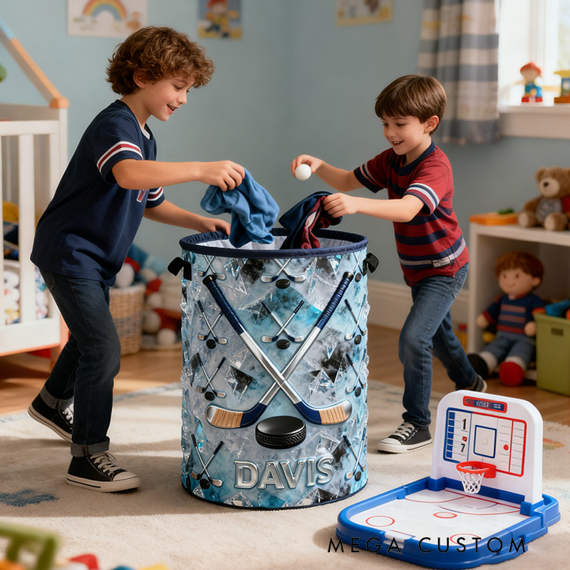 Personalized Ice Hockey Storage Basket with Custom Name and Crossed Sticks Design for Fans and Athletes