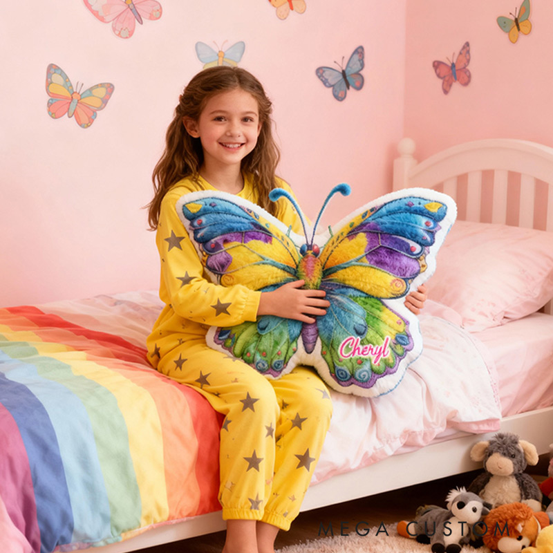 Personalized Name Pillow with Butterflies Design Colorful Gift for Kids Gardening Lovers Gift