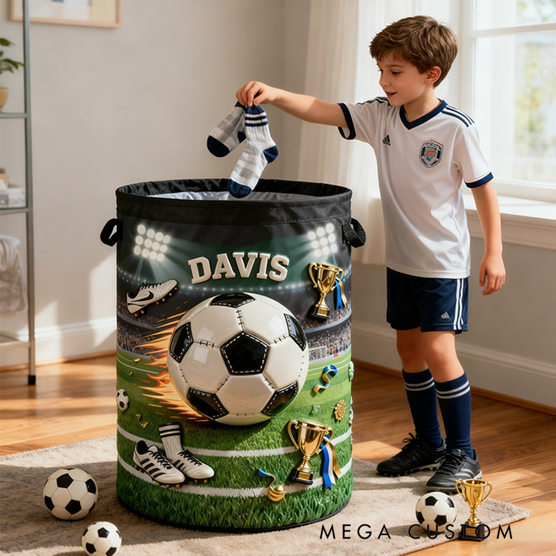 Personalized Soccer Storage Basket with Custom Name and Trophy Design for Kids and Soccer Fans