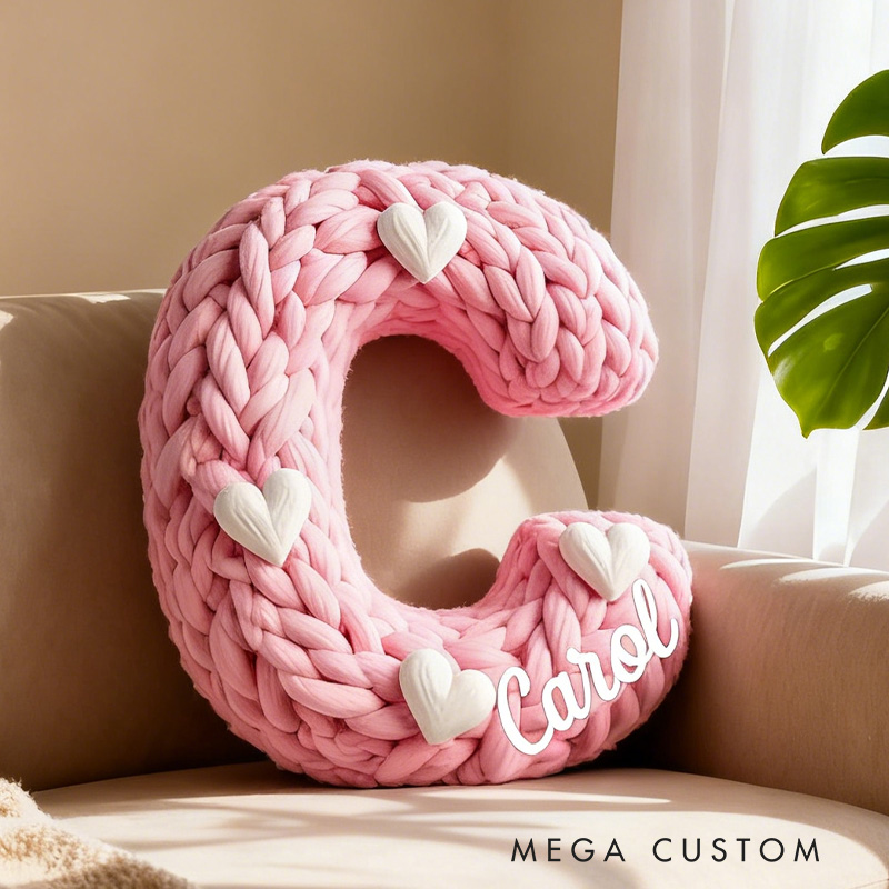 Personalized Pink Knitted Heart Alphabet Throw Pillow Knitting Letter with Name for  Girlfriend Wife Valentine's Day Gifts Loving Room Decor