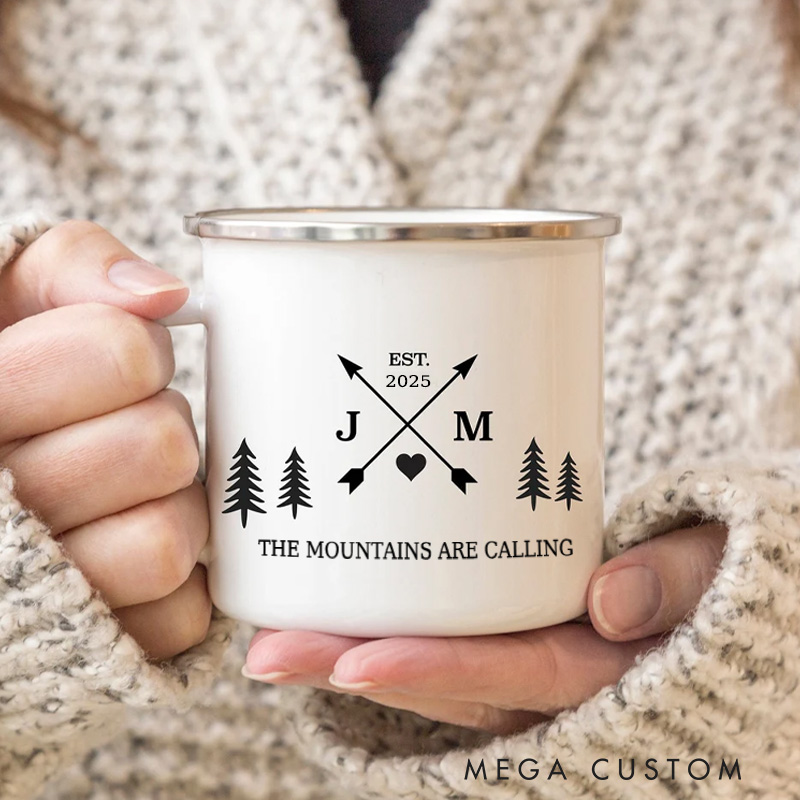 Personalised Enamel Campfire Mug Custom Outdoor Adventure Mug Couple Hiking Gift