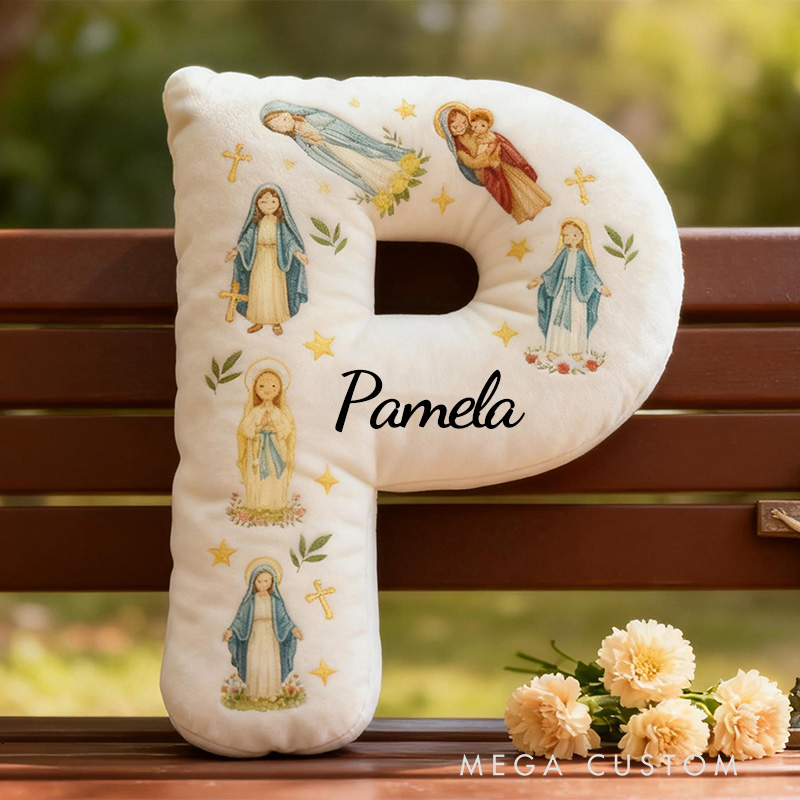 Personalized Virgin Mary Letter Pillow with Custom Name Home Decor Catholic Gift for Her Blessed Mother Gift Cross Star Olive Graphic 3D Print Pillow