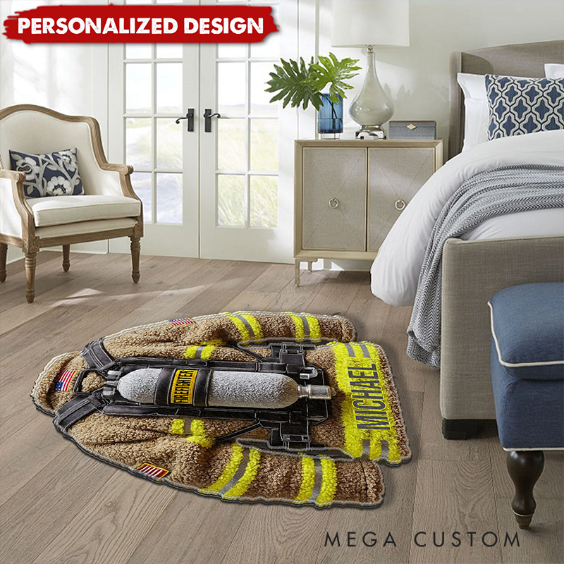 Personalized Firefighter Rug Custom Name Fireman Gear Shaped Rugs Proud Firefighter Non Slip Tufted Mat Gift for Home or Office