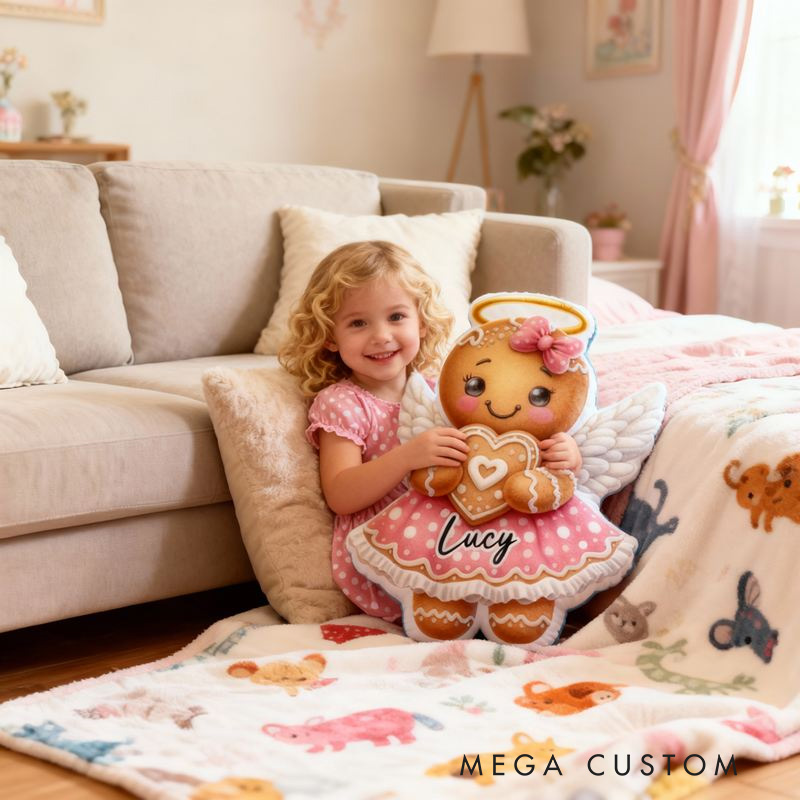 Personalized Angel Gingerbread Girl in Pink Dress Throw Pillow with Name for Kids Girl Baker Christmas Gifts Loving Room Decor