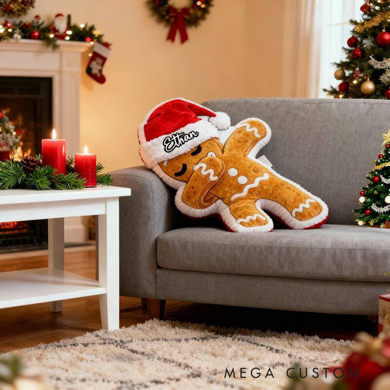 Personalized Gingerbread Man with Santa Hat Throw Pillow with Name for Kids Girl Boy Baker Christmas Gifts Loving Room Decor