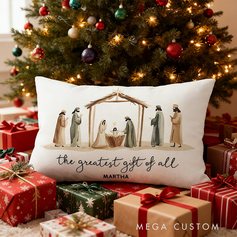 Personalized the Greatest Gift of All Christian Christmas Nativity Star Pillow with Custom Name Xmas Holiday Christian Décor Baby Jesus Religious Gift