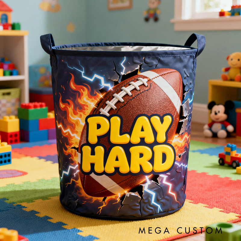 Personalized Football Storage Basket with Bold Lightning Design and Name for Young Athletes and Fans