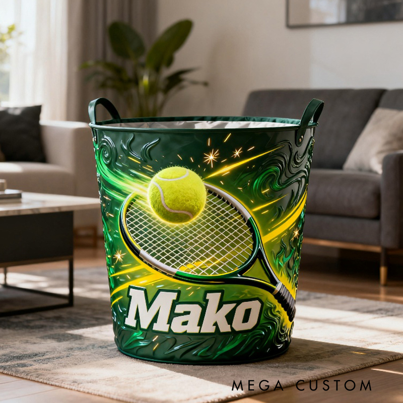 Personalized Tennis Storage Basket with Custom Name and Vibrant Green Design for Enthusiasts