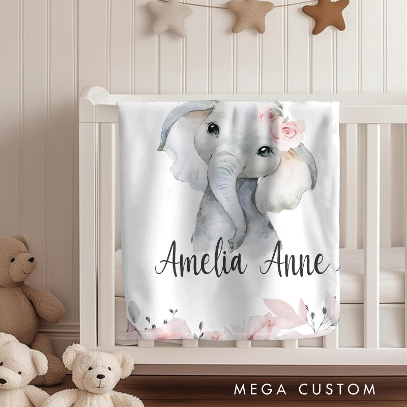 Personalized Ink Floral Elephant Baby Blanket Floral Baby Gift Baby Shower Gift