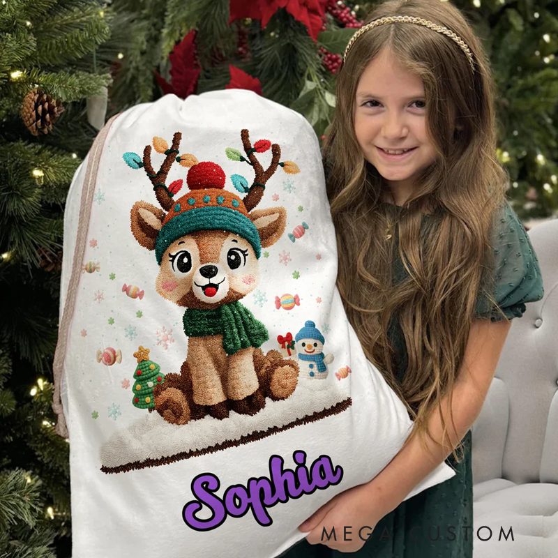 Personalized Cute Cartoon Reindeer Canvas Drawstring Gift Bag with Name Christmas Gift for Kids Family Friends