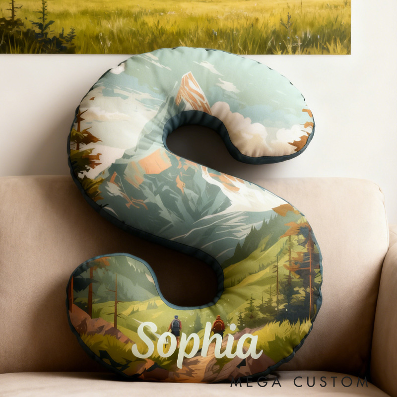 Personalized Mountain Landscape Custom Initial Pillow Custom Outdoor Hiking Lover Pillow Gift for Outdoor Nature Adventure