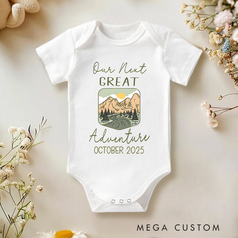 Personalized Our Next Great Adventure Mountain Scene Baby Onesie Funny Baby Gift