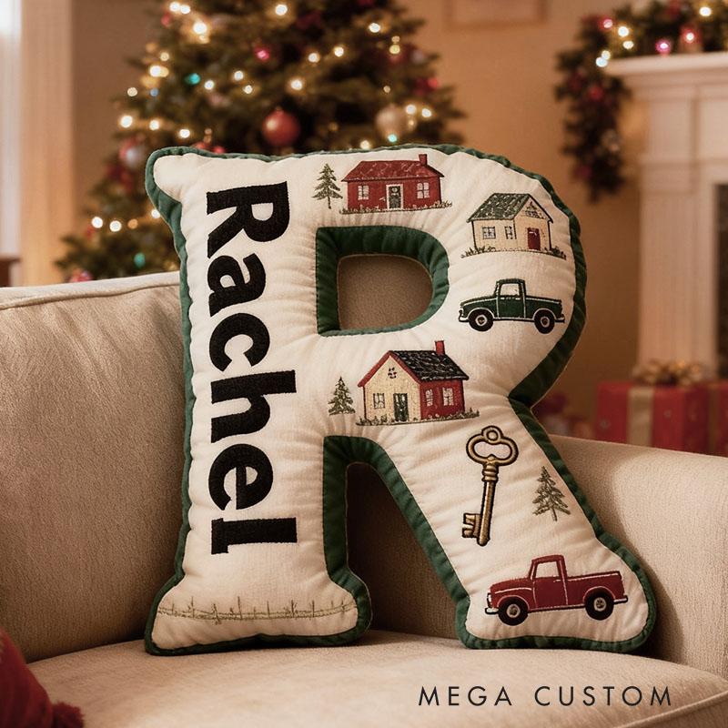 Personalized Christmas Letter Pillow with House and Truck Custom Name Festive Holiday Decor Cozy Gift for Seasonal Celebration Graphic 3D Print 