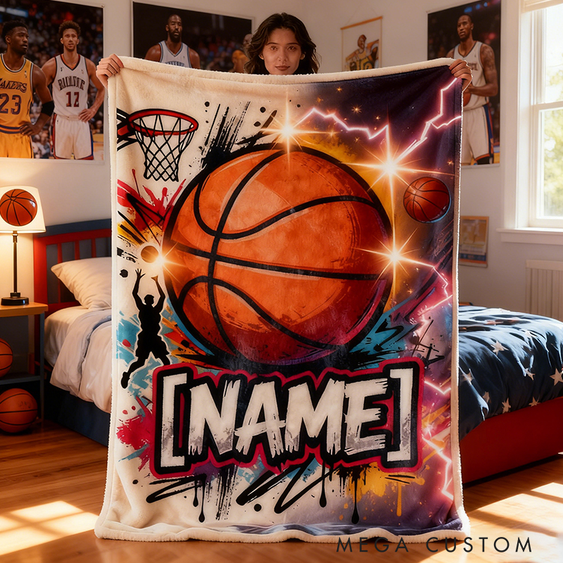 Personalized Basketball Blanket with Custom Name and Dynamic Artwork for Basketball Fans