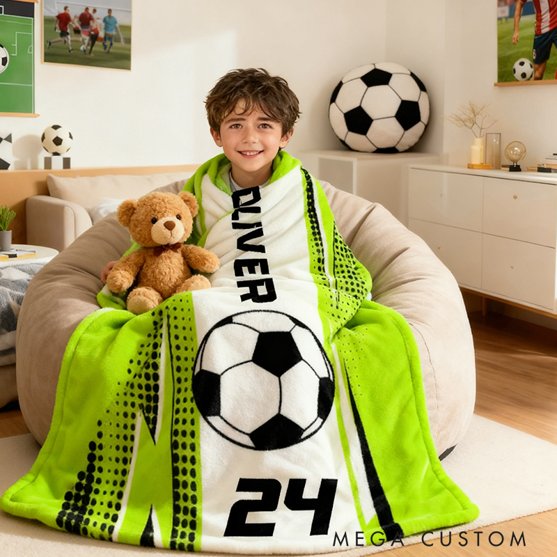 Personalized Soccer Blanket with Custom Name and Jersey Number for Soccer Fans. 