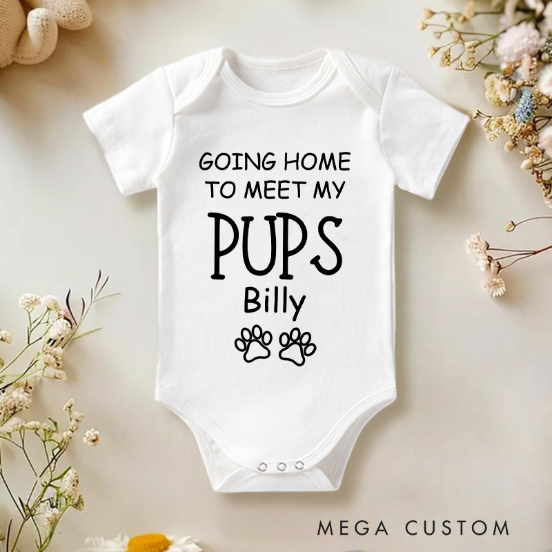 Personalized Going Home to Meet My Pups Paw Print Baby Onesie Pet Lover Gift
