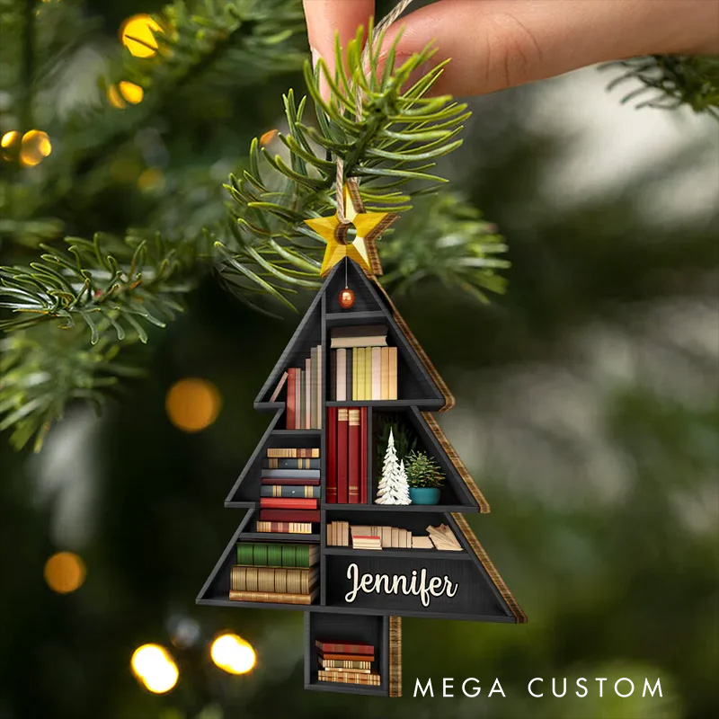 Personalized Reading Bookshelves Christmas Tree Acrylic Ornament with Name Bookish Christmas Ornament Gift for Book Club Librarian Book Lovers