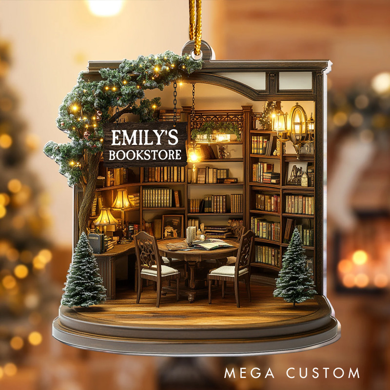 Personalized Bookstore Acrylic Ornament with Name Bookshelf Christmas Ornament Gift for Book Club Librarian Book Lovers